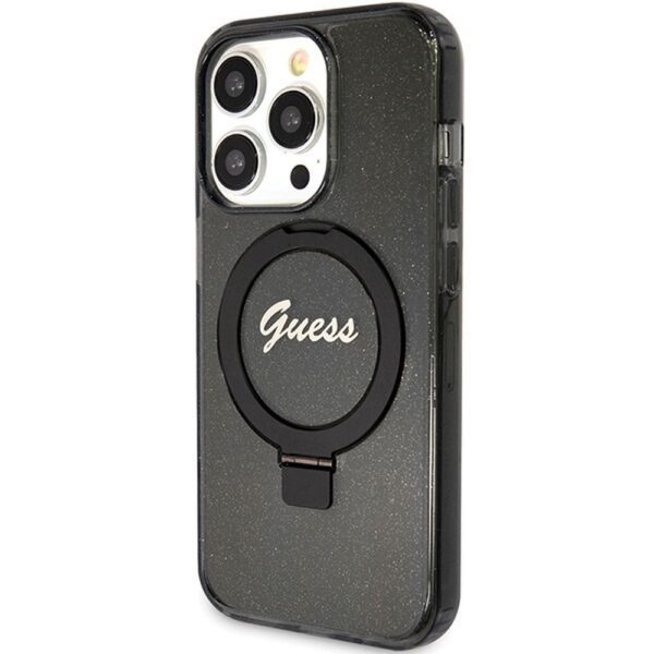 3ddc88be3418ce66607a6c9724536d57 Original faceplate case GUESS GUHMP15XHRSGSK for iPhone 15 Pro Max (Compatible with Magsafe / Glitter Script Logo / Ring stand / black)