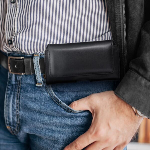 4a9c30e4509cc3f97d6b58991305df7d ROYAL universal horizontal leather belt holster size XL for IPHONE 13 PRO MAX / 14 PRO MAX / SAMSUNG S21 PLUS / S20 FE / A50 / A51 5G / HUAWEI P30 PRO / P40 PRO / OPPO A98 5G black