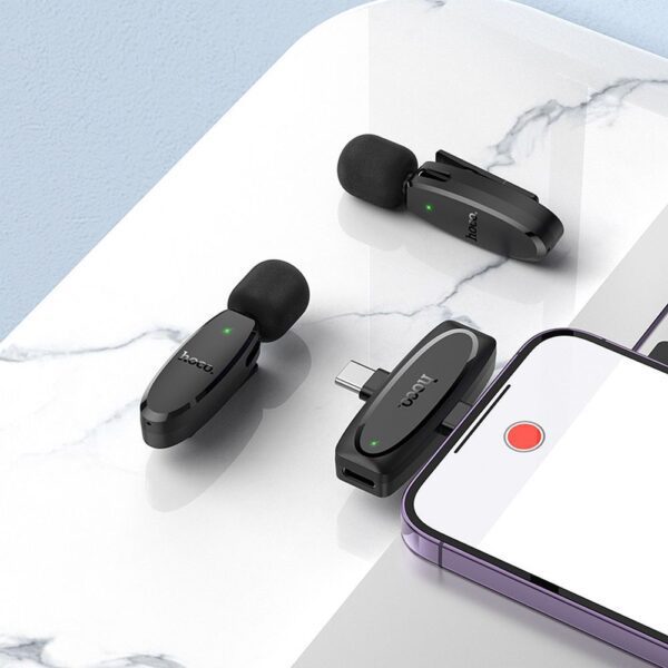 6c45c9265a4515156caf850f0e3bee96 Wireless lavalier microphone Lightning / USB C Hoco 2 pcs L15 black