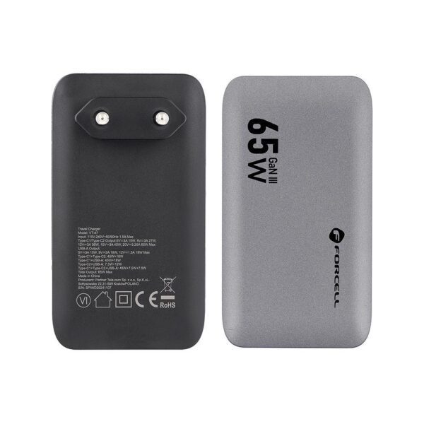 813826d3b227eb2848d66892e4e68c06 FORCELL F-ENERGY GaN III VT-47 Ultra Slim travel charger 2 x Type C + USB A PD QC4.0 4A 65W gray