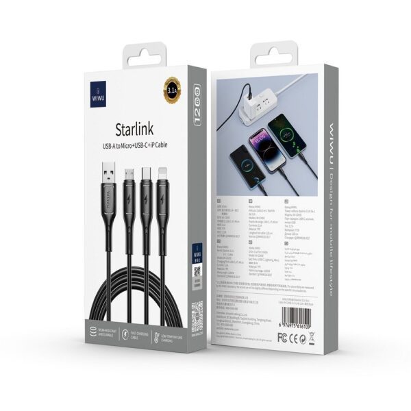 af98d2543acb2bf4e6453d172750071e WiWU - Starlink Series Data Cable Wi-045E 3w1 USB A to USB C, Micro USB, Lightning 3,1A 1m - black
