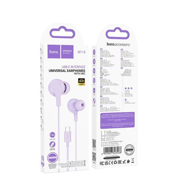 EOL HOCO wire earphones Type C with microphone M114 purple