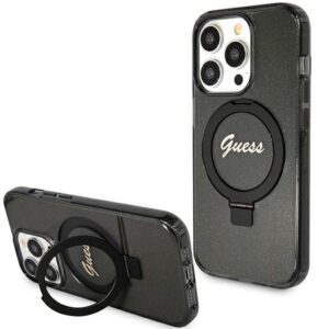 Original faceplate case GUESS GUHMP15XHRSGSK for iPhone 15 Pro Max (Compatible with Magsafe / Glitter Script Logo / Ring stand / black)