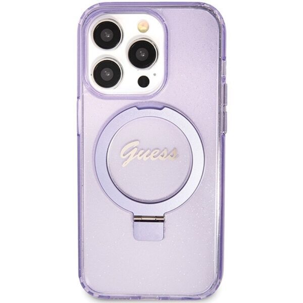 GUESS case for IPHONE 15 Pro compatible with MagSafe GUHMP15LHRSGSU (Glitter Script Logo Ring stand) purple