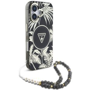 GUESS case for IPHONE 16 compatible with MagSafe GUHMP16SHPCTPLSK (IML Palm Trees Triangle W/ Pearl Strap) black