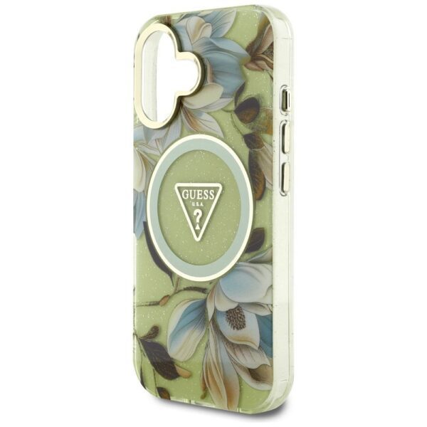 GUESS case for IPHONE 16 compatible with MagSafe GUHMP16SHFLPEDN (IML Metal Glitter Flowers Triangle) green