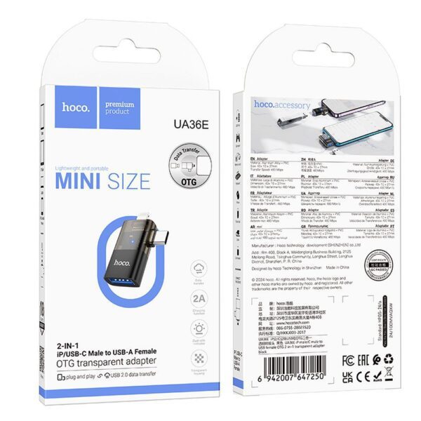 bc324bf31e4dc617a3ac8922a587faf0 Adapter OTG 2in1 Lightning / USB C to USB A Hoco UA36E black