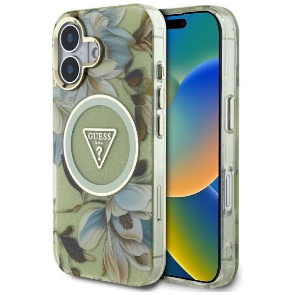 GUESS case for IPHONE 16 compatible with MagSafe GUHMP16SHFLPEDN (IML Metal Glitter Flowers Triangle) green