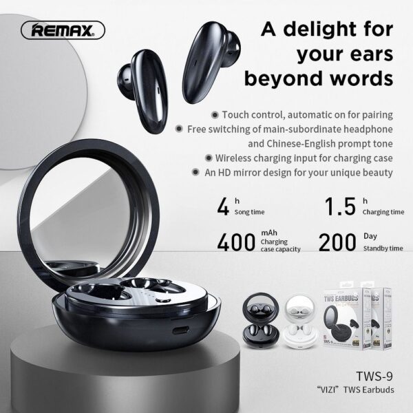REMAX wireless stereo earbuds TWS-9 with docking station and mirror white