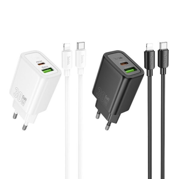 606a53bda227fb60ee6ea59114e0ee8c HOCO wall charger USB A + Type C + cable Type C to Lightning PD QC3.0 3A 30W N63 black
