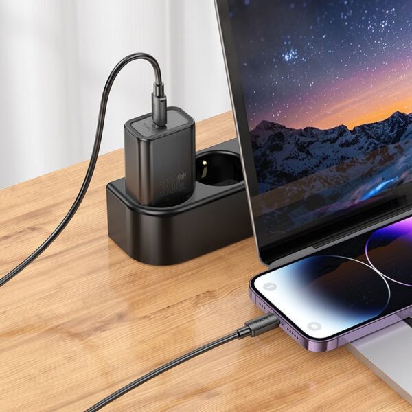 eef2ae622990fa88106955bedde63518 Phone charger Hoco USB C QC PD 30W + cable USB C to Lightning N62 black