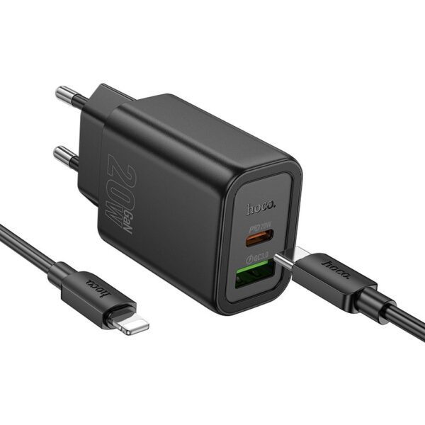 f2e26ad964898b984c50f0c9f8f3d79c HOCO wall charger USB A + Type C + cable Type C to Lightning PD QC3.0 3A 20W N61 black