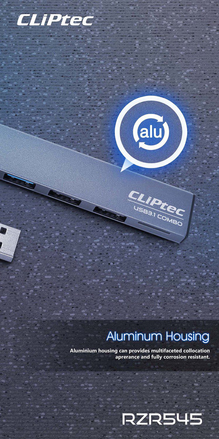 foto_add-107048 Cliptec Adapter HUB - USB to USB 3.1 + 2xUSB 2.0 + microSD - Slim Combo RZR545 grey