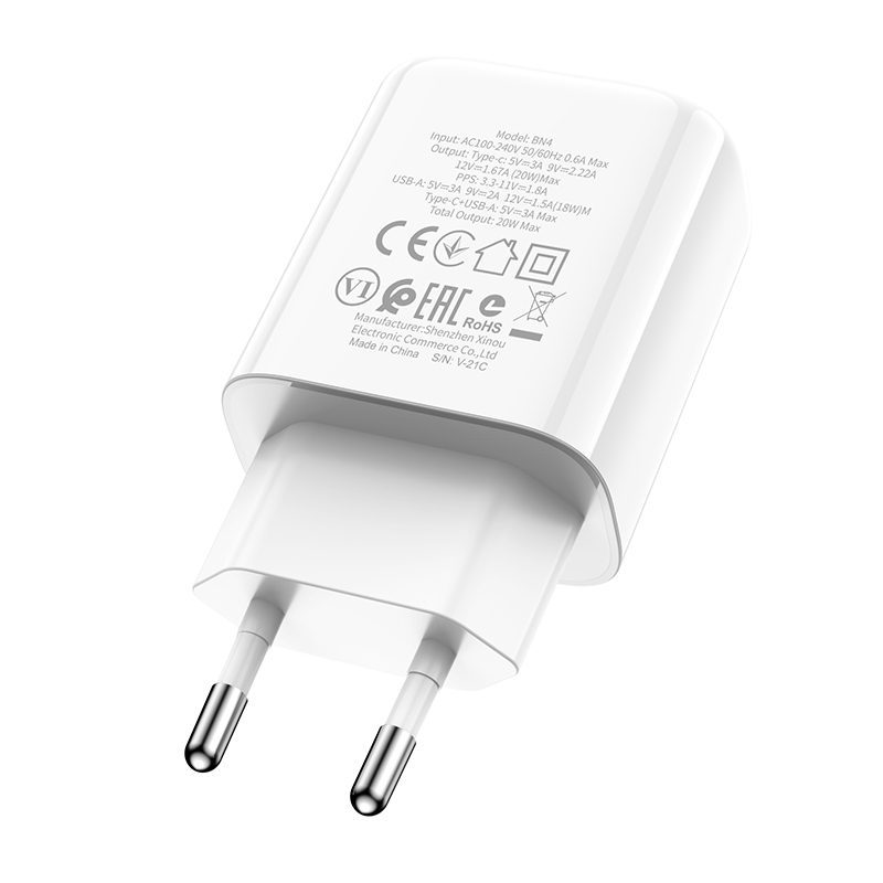 Borofone Wall charger BN4 Potential - USB + Type C - QC 3.0 PD 2.0 20W white