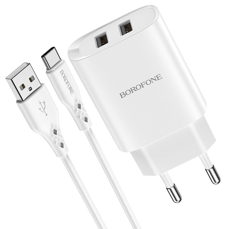 Borofone Wall charger BN2 Super - 2xUSB - 2,1A with USB to Type C white