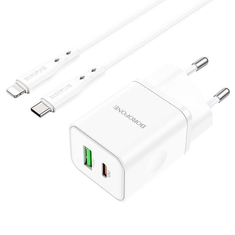 Borofone Wall charger BN7 - USB + Type C - QC 3.0 PD 20W with Type C to Lightning cable white