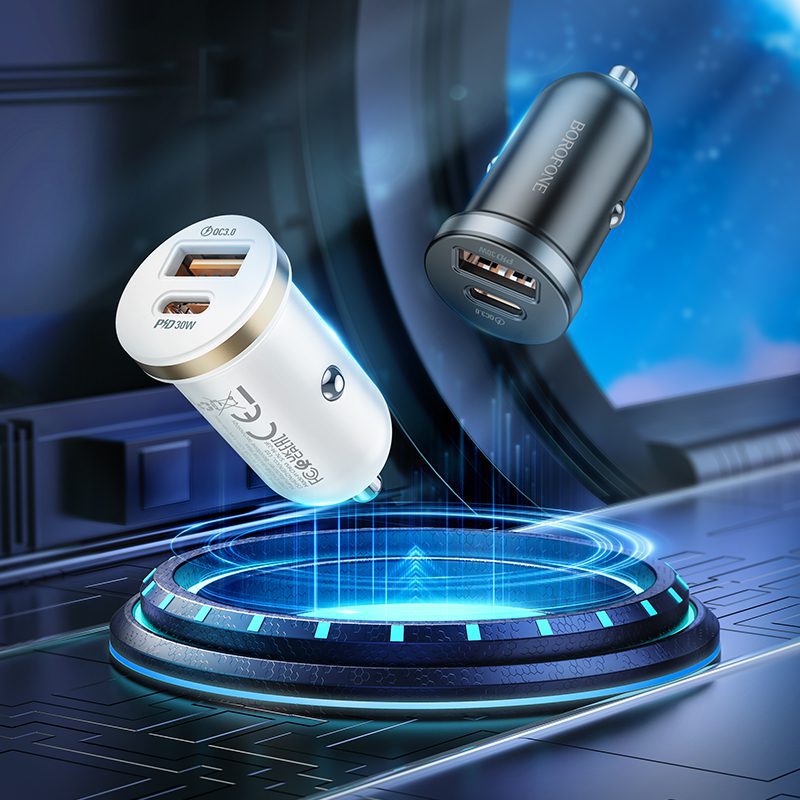 Borofone Car charger BZ22 Scenery - USB + Type C - QC 3.0 PD 30W black
