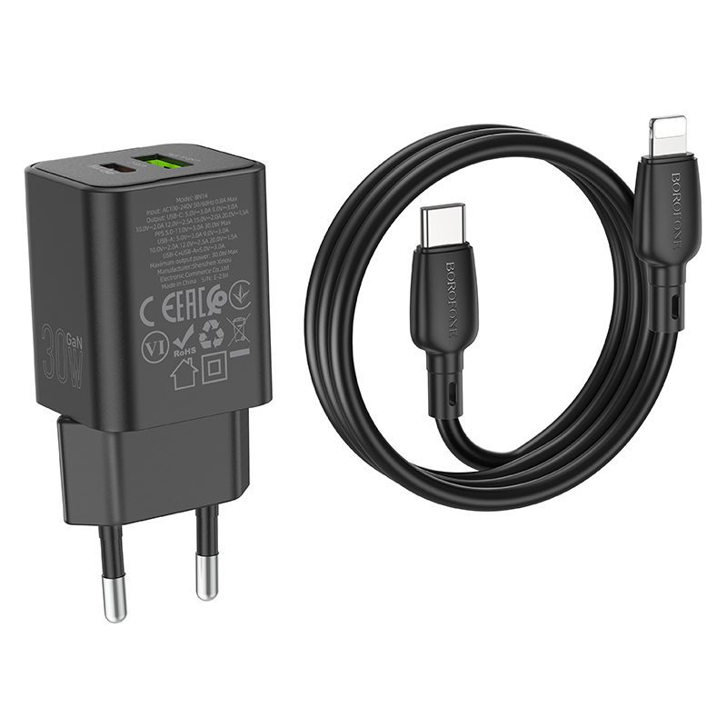 foto_add-236769 Borofone Wall charger BN14 Royal GaN - USB + Type C - QC 3.0 PD 30W with Type C to Lightning cable black
