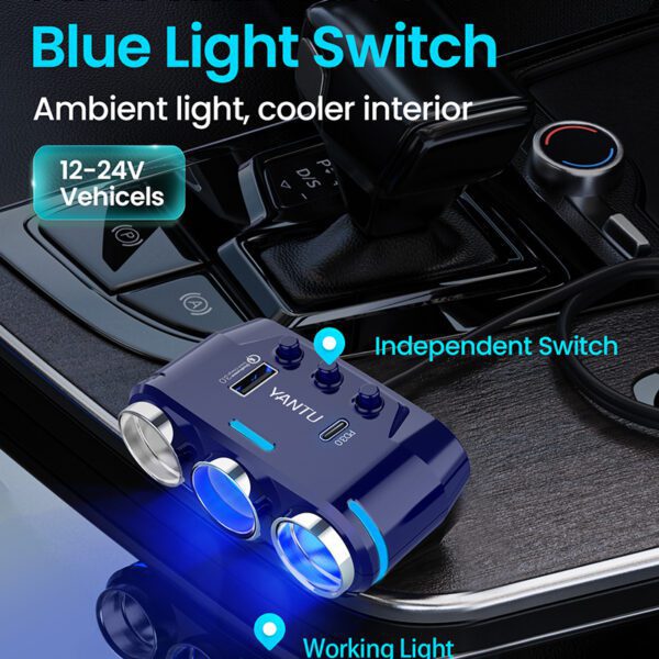 Car Cigarette Lighter Socket Splitter B39-C - 3 sockets + USB + Type C - QC 3.0 PD 3A 120W with display and cable