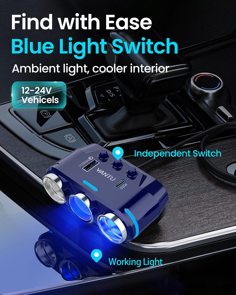 Car Cigarette Lighter Socket Splitter B39-C - 3 sockets + USB + Type C - QC 3.0 PD 3A 120W with display and cable