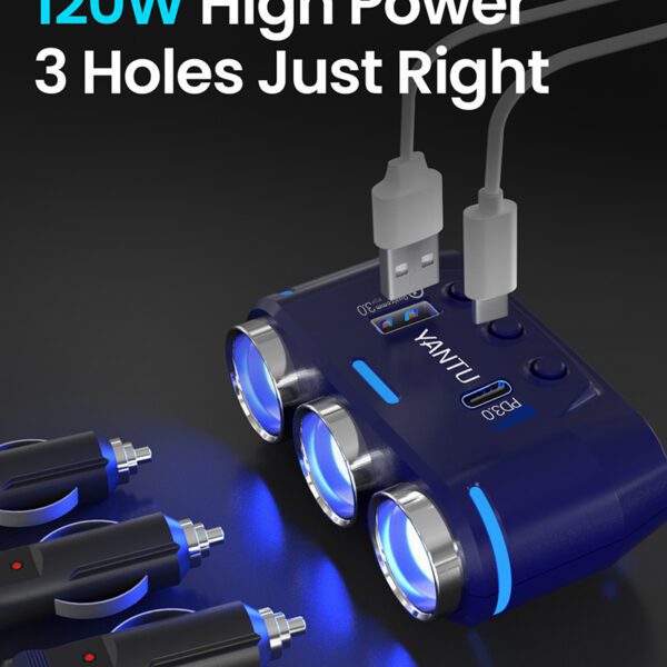 Car Cigarette Lighter Socket Splitter B39-C - 3 sockets + USB + Type C - QC 3.0 PD 3A 120W with display and cable