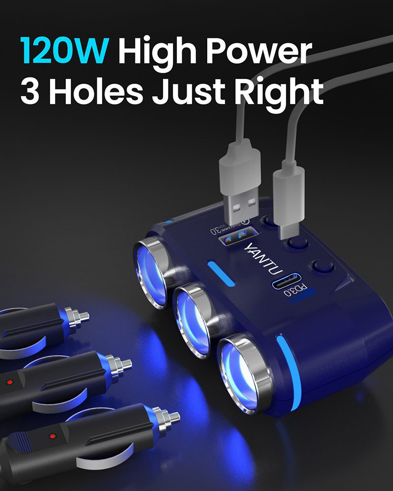 Car Cigarette Lighter Socket Splitter B39-C - 3 sockets + USB + Type C - QC 3.0 PD 3A 120W with display and cable
