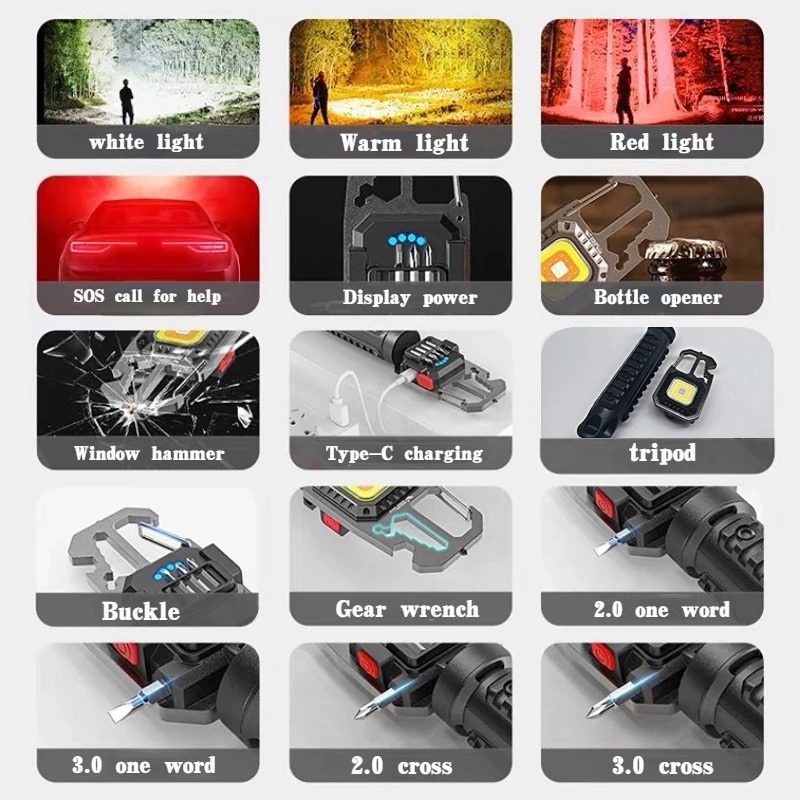 Mini flashlight LED keychain W5138 Type C with 4 screwdriver bits and tripod