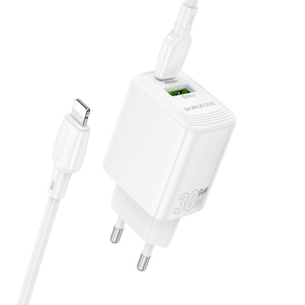 Borofone Wall charger BN29 Fuente - USB + Type C - QC 3.0 PD 30W with Type C to Lightning cable white