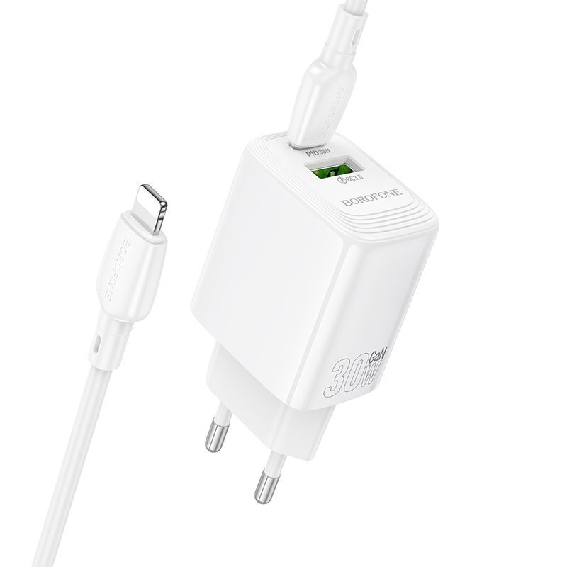 Borofone Wall charger BN29 Fuente - USB + Type C - QC 3.0 PD 30W with Type C to Lightning cable white