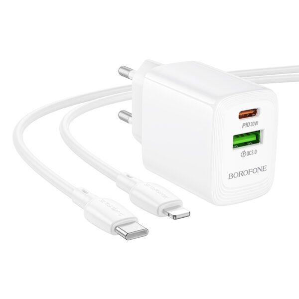 Borofone Wall charger BN29 Fuente - USB + Type C - QC 3.0 PD 30W with Type C to Lightning cable white