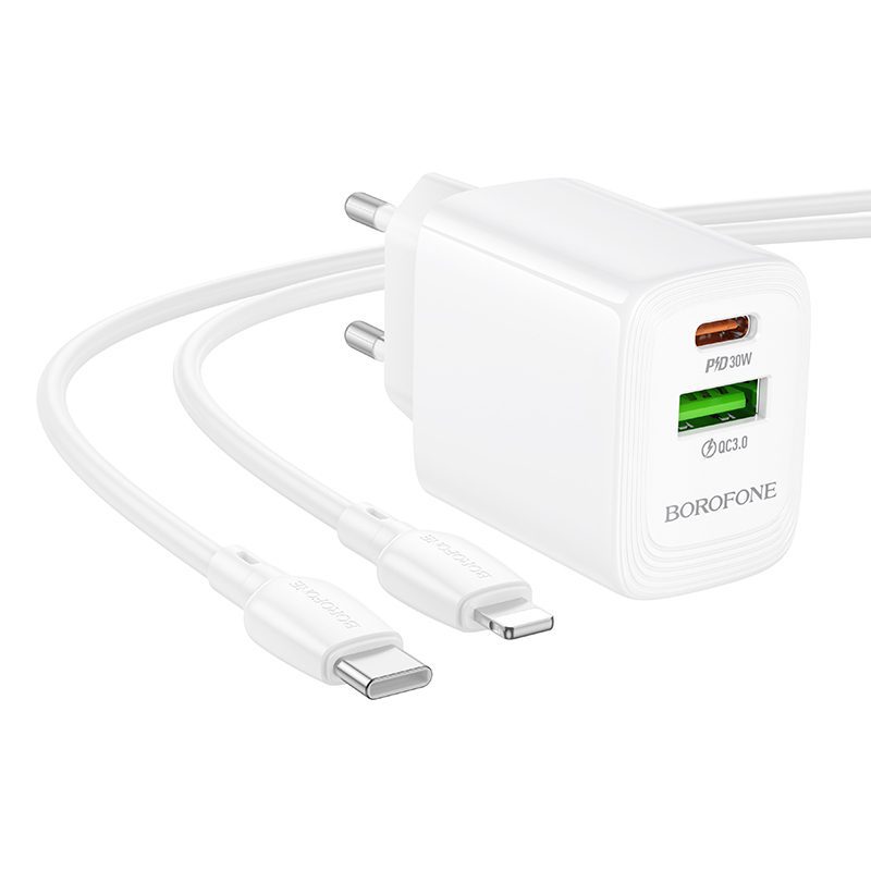 Borofone Wall charger BN29 Fuente - USB + Type C - QC 3.0 PD 30W with Type C to Lightning cable white