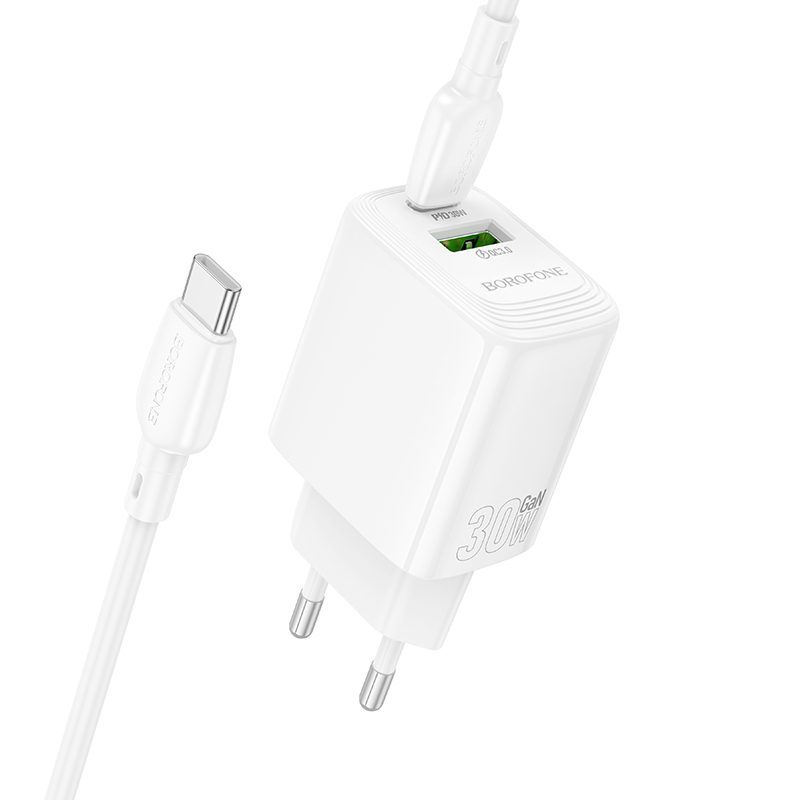 Borofone Wall charger BN29 Fuente - USB + Type C - QC 3.0 PD 30W with Type C to Type C cable white