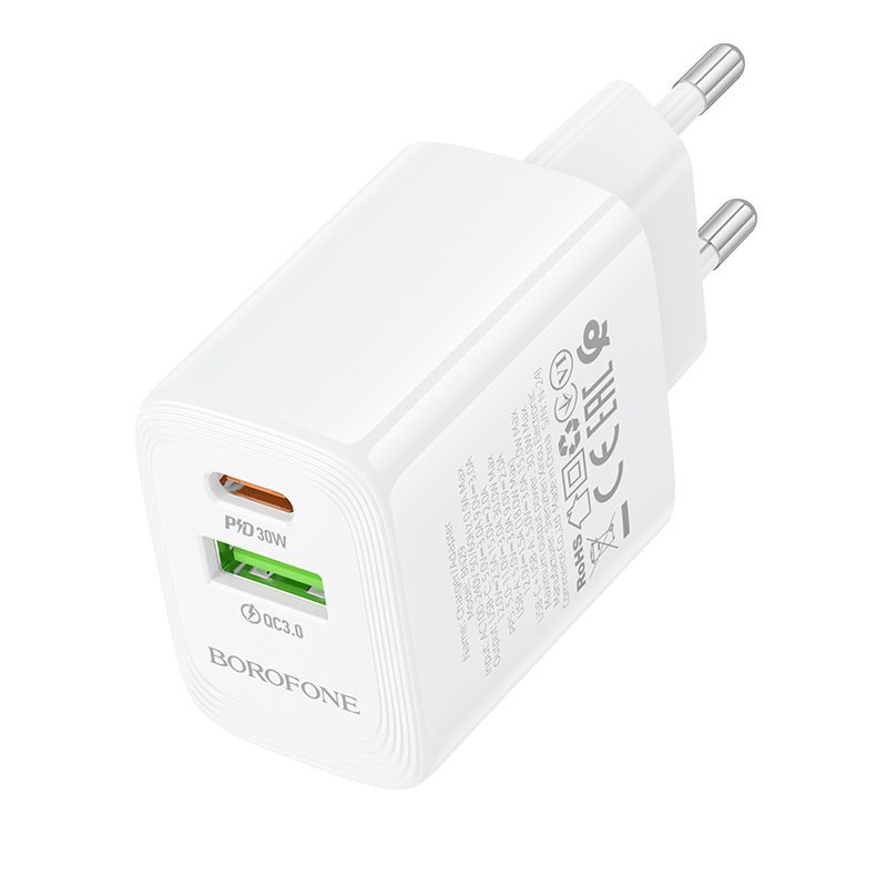 Borofone Wall charger BN29 Fuente - USB + Type C - QC 3.0 PD 30W white