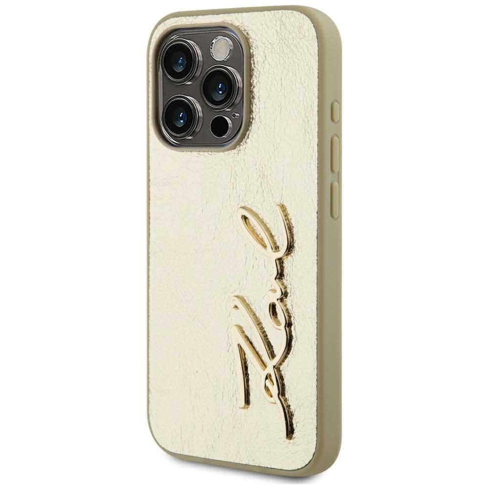 Original Pouch KARL LAGERFELD Wrinkled Metal Signature for Iphone 15 Pro gold
