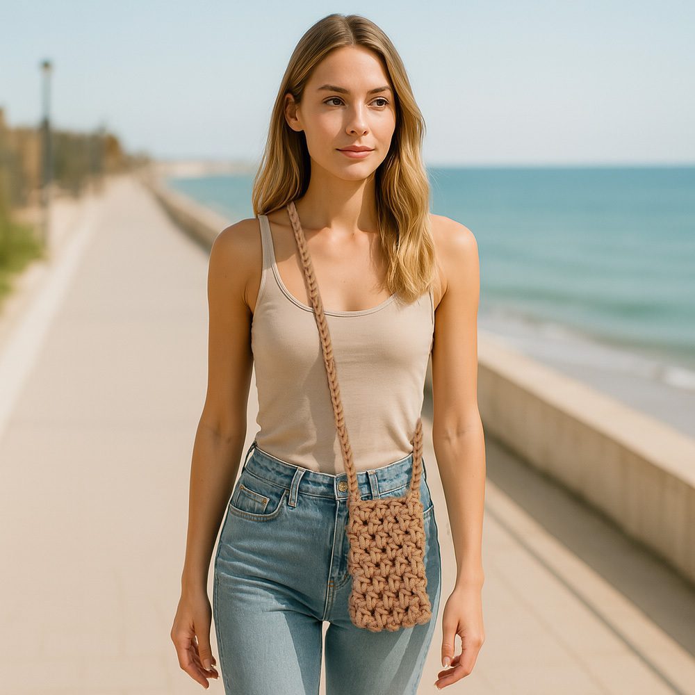 Knitted bag for phone design 1 beige