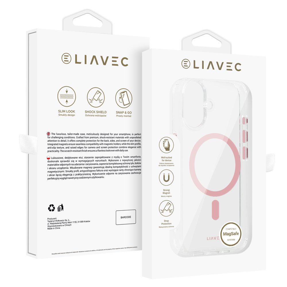 Liavec Glossy Magsafe Clear Case do Iphone 16 różowy