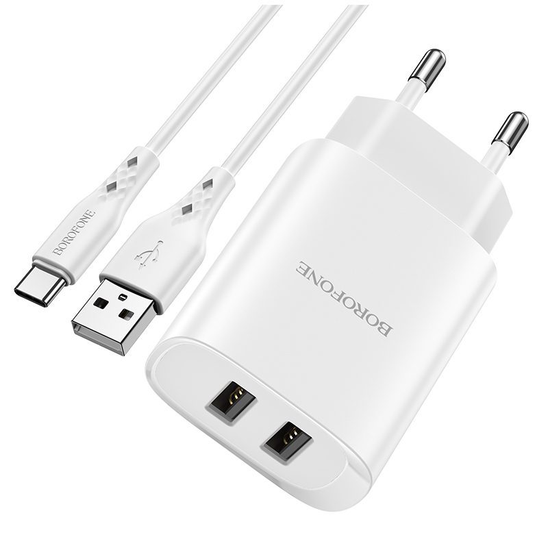 Borofone Wall charger BN2 Super - 2xUSB - 2,1A with USB to Type C white