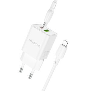 Borofone Wall charger BN14 Royal GaN - USB + Type C - QC 3.0 PD 30W with Type C to Lightning cable white