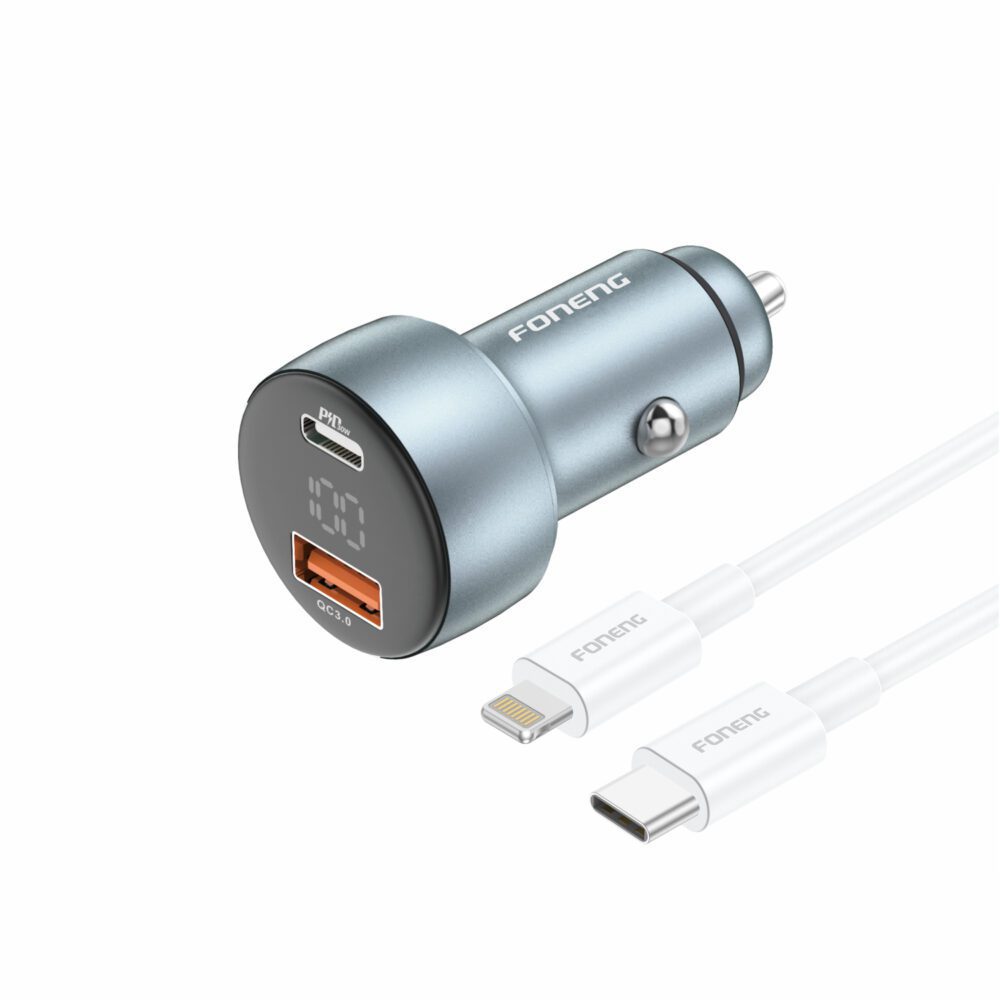Foneng Car charger C18 - USB + Type C - PD 48W 3A with Type C to Lightning cable grey