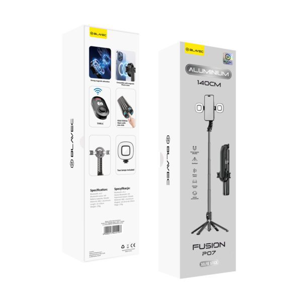product-98015 Blavec Selfie Stick Aluminium Fusion P-07 Magsafe tripod + remote control + 2 lamps 1,4 metres (SSFP07-MTR2LB14) black