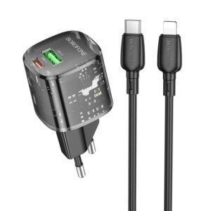 Borofone Wall charger BN17 Sunlight - USB + Type C -  QC 3.0 PD 20W 3A with Type C to Lightning cable black