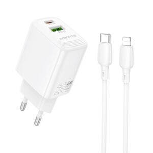 Borofone Wall charger BN27 Fuente - USB + Type C - QC 3.0 PD 20W with Type C to Lightning cable white