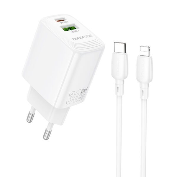 Borofone Wall charger BN29 Fuente - USB + Type C - QC 3.0 PD 30W with Type C to Lightning cable white
