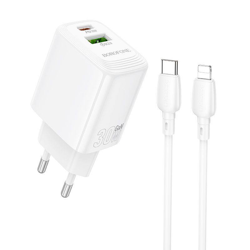 Borofone Wall charger BN29 Fuente - USB + Type C - QC 3.0 PD 30W with Type C to Lightning cable white