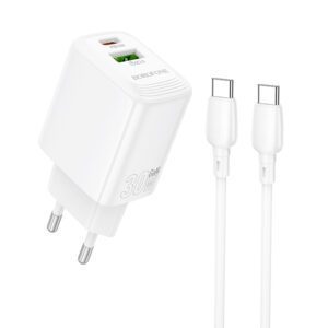 product-99888 Borofone Wall charger BN29 Fuente - USB + Type C - QC 3.0 PD 30W with Type C to Type C cable white
