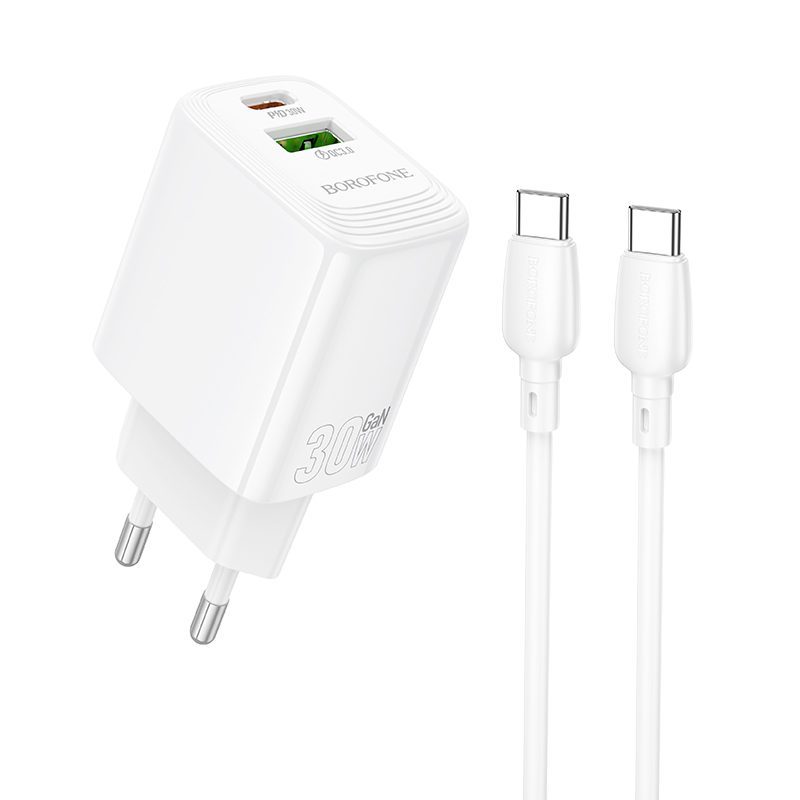 Borofone Wall charger BN29 Fuente - USB + Type C - QC 3.0 PD 30W with Type C to Type C cable white