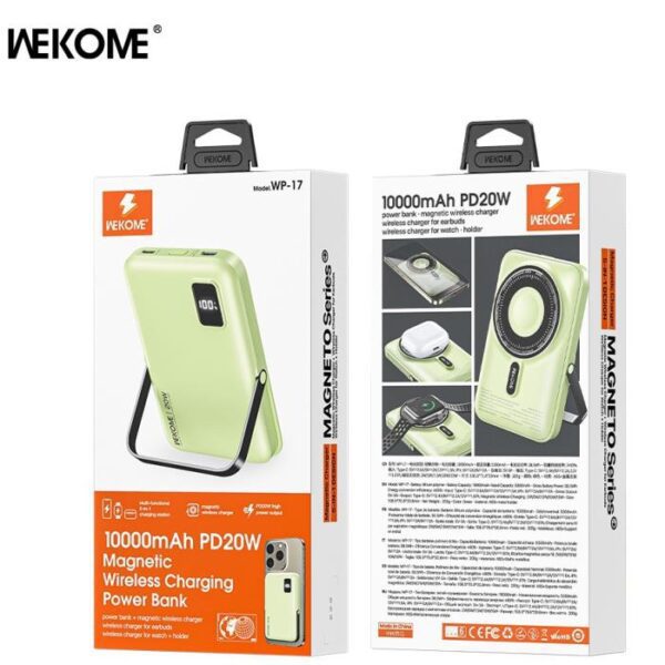 Power Bank 10000mAh PD 20W WK WP-17 1 Θέσης, με Ασύρματη Φόρτιση Magnetic Πράσινο