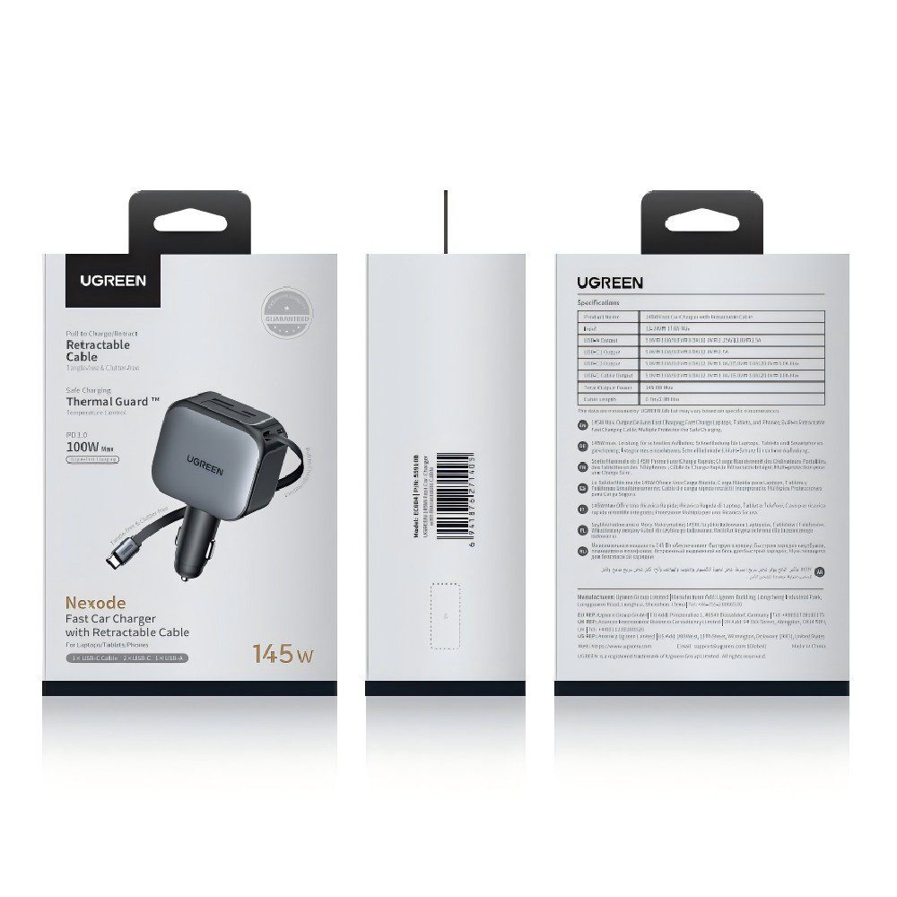 Φορτιστής Αυτοκινήτου 145W UGREEN EC604 55910B 3 Θέσεων,με καλώδιο USB-C 60W Γκρί