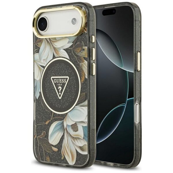 GUESS case for IPHONE 17 Air compatible with MagSafe GUHMP17MHFLPEDK (IML Metal Glitter Flowers Triangle) black