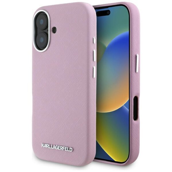 Karl Lagerfeld Saffiano Full Wrapped Elongated Metal Logo MagSafe iPhone 16 Case - Pinkeng